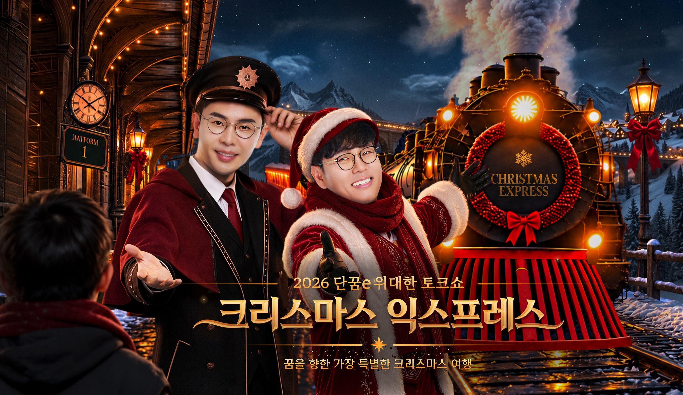 2026 단꿈e 위대한 토크쇼 크리스마스 익스프레스 — 크리스마스 역 플랫폼에서 열차와 함께 손님을 맞이하는 설민석·정승제 선생님